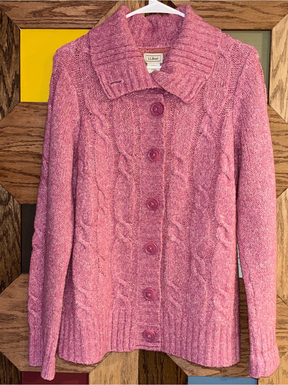 Vintage L.L. Bean Cardigan Pink Cable Knit Button Up Shawl Collar Sweater Sz M